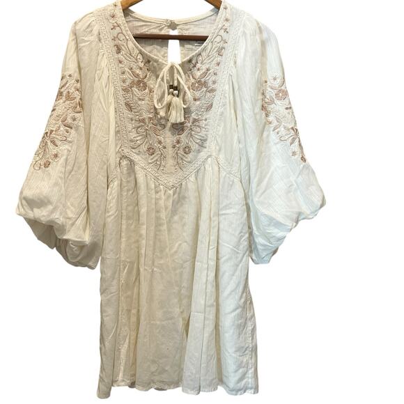 ANTHROPOLOGIE Embroidered Lace White Tan Mini Dress Medium Petite Puff Sleeves - Picture 1 of 10